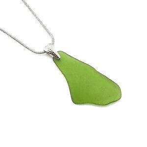 Genuine Green Sea Glass Pendant 925 Sterling Silver Snake Link Necklace 18"L